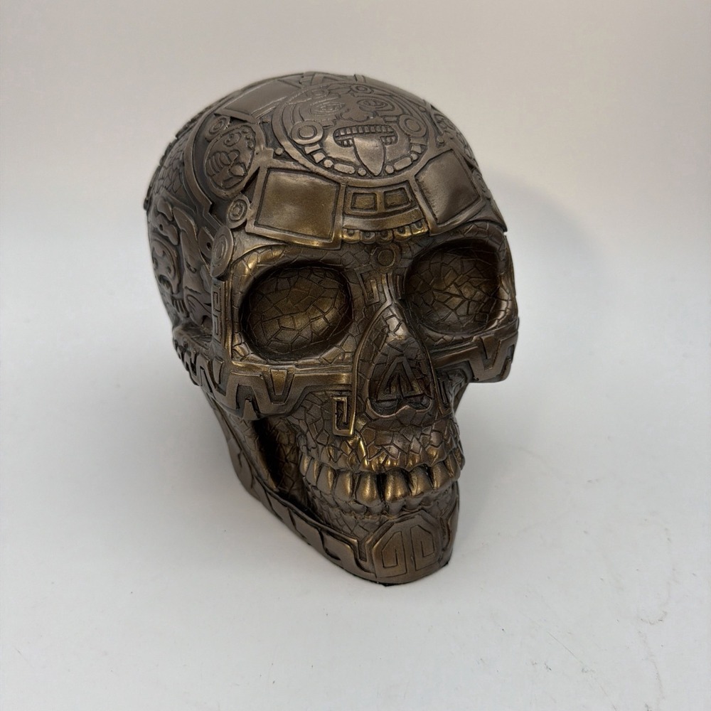 Aztec Bronze Skull Statue – Cold Cast Bronze Tribal Skull Decor